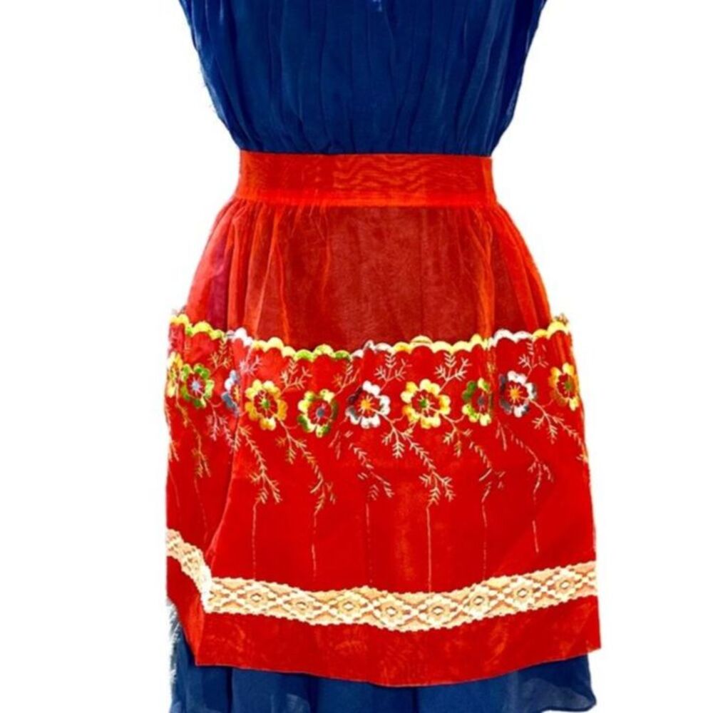 Vintage 1950s Red Organza Hostess Half Apron Floral Embroidery Lace Trim